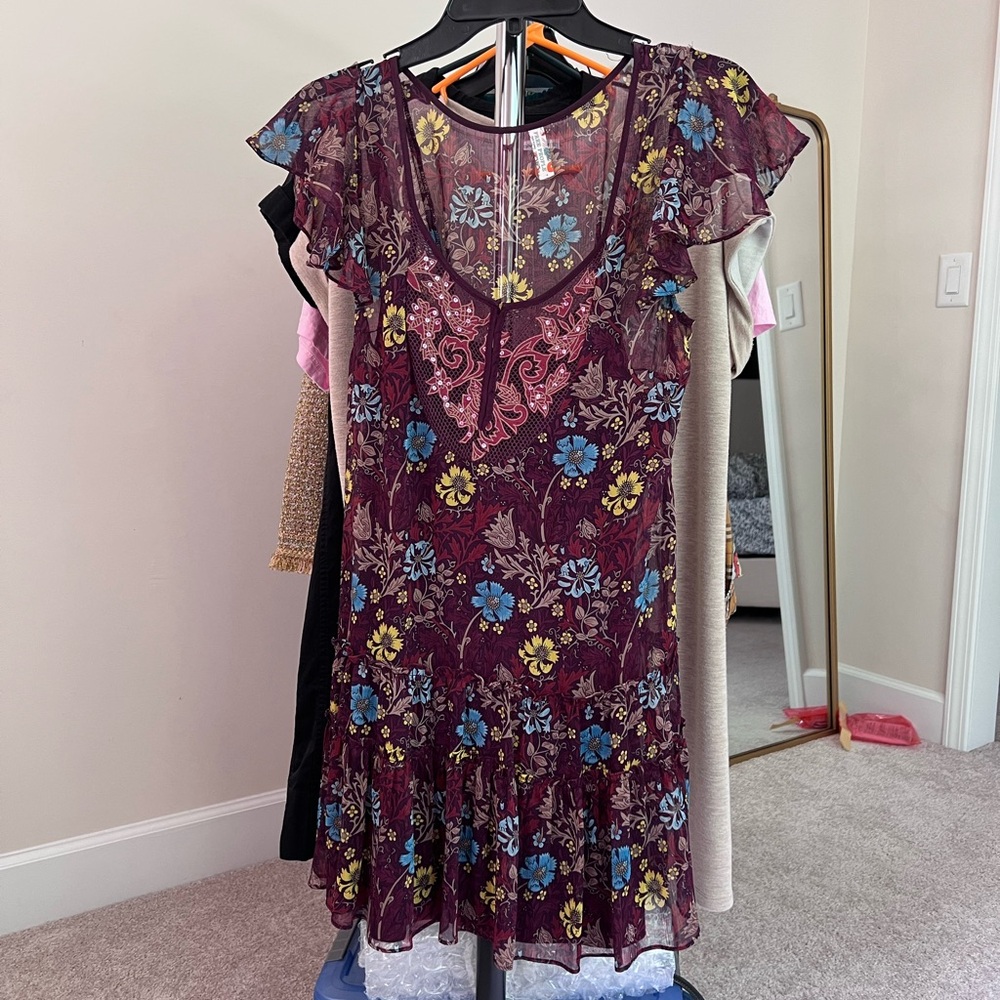 Free People Maroon Red and Blue Flutter Sleeve Mini Sundress